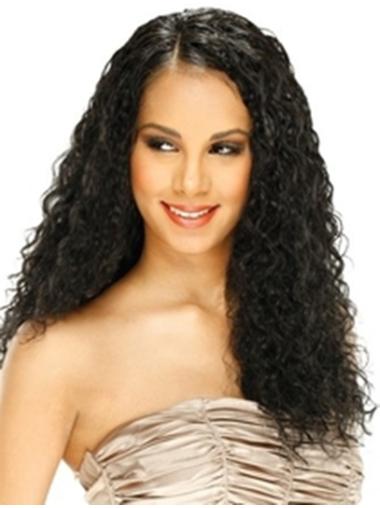 Human Hair Lace Front Wig Curly Style Long Length Black Color