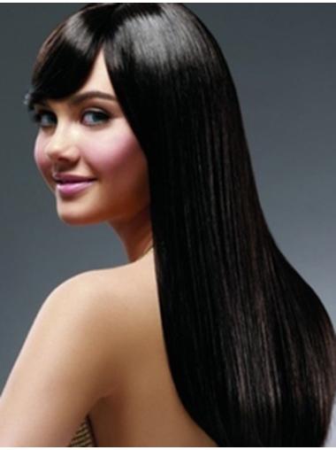 22" Black Long With Bangs Yaki Hairstyles Lace Wigs