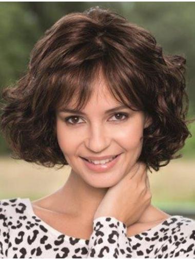 Lace Wig With Bangs Wavy Style Chin Length Brown Color