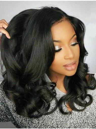 Remy Human Hair Black Wavy 18" Without Bangs 360 Lace Wigs