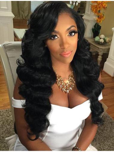 Remy Human Hair Black Wavy 22" Without Bangs 360 Lace Wigs