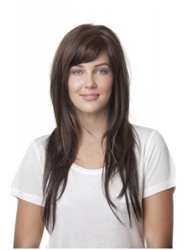 Ideal Brown Straight With Bangs Monofilament Long Wigs