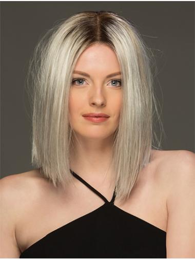 Shoulder Length Ombre/2 tone Grey Straight 14" Handmade Wigs