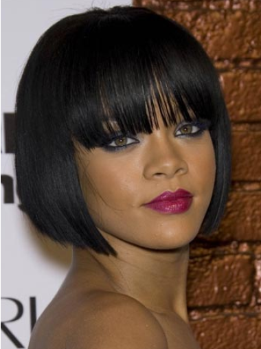 Black Straight With Bangs 100% Hand-tied 10" Affordable Rihanna Wigs
