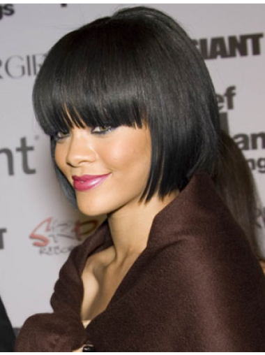 Black Straight With Bangs 100% Hand-tied 10" Flexibility Rihanna Wigs