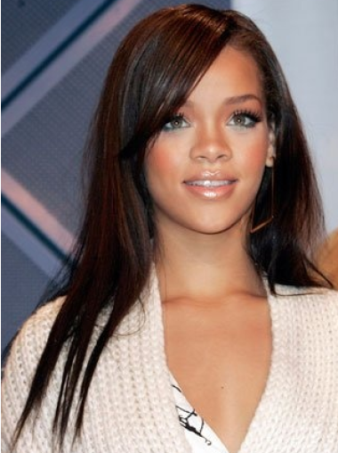 Rihanna Human Hair Wigs With Bangs Long Length Black Color