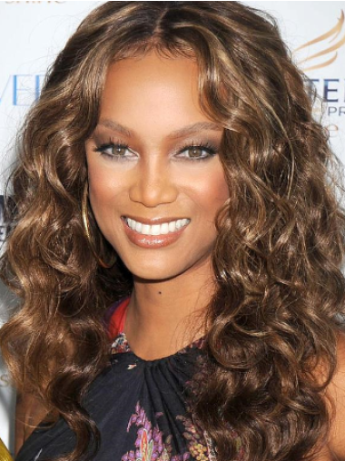Brown Curly Without Bangs 100% Hand-tied 20" Fashionable Tyra Banks Wigs