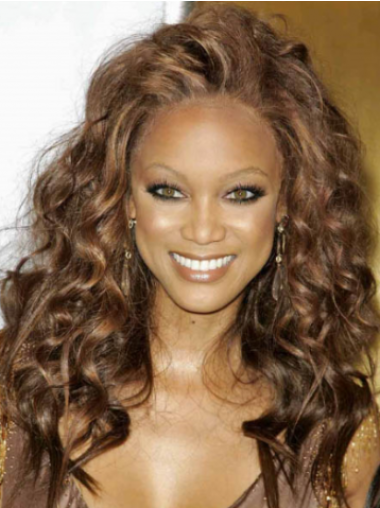 Brown Curly Without Bangs 100% Hand-tied 18" Flexibility Tyra Banks Wigs