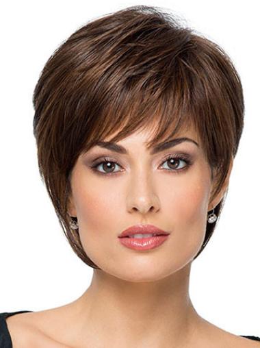 Suitable 8" Straight Brown With Bangs Short Wigs