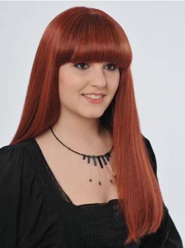 22" Red Long Straight With Bangs Monofilament Real Hair Wigs