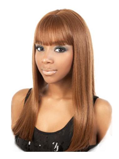 Long Brown Yaki With Bangs Trendy African American Wigs
