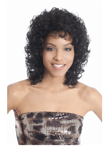 Shoulder Length Black Curly Layered Sleek African American Wigs