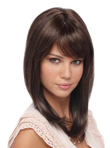 Straight With Bangs Shoulder Length Brown Cheapest Lace Front Wigs