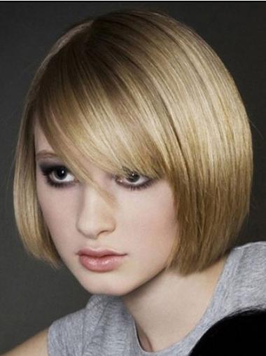 Blonde Bobs Chin Length Straight 12" Bob Wigs With Monofilament
