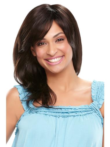 Wavy With Bangs Shoulder Length Black Sleek Lace Front Wigs