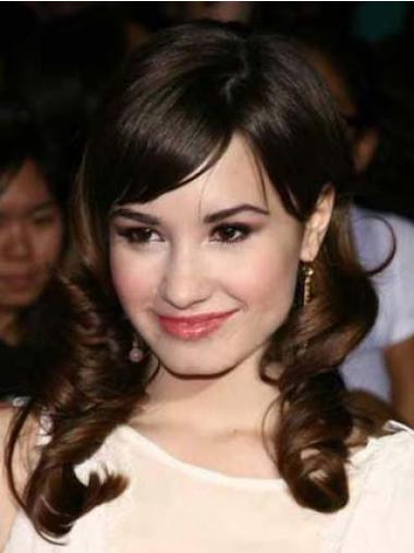 Monofilament Wavy With Bangs Shoulder Length 14" Convenient Human Hair Demi Lovato Wigs