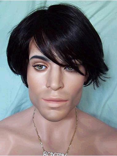 Black Capless Striaght 6" Synthetic Short Permanent Mens Wig