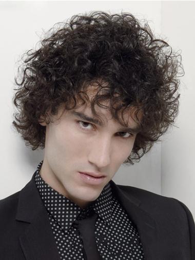 Capless Curly 6" Synthetic Short Mans Black Curly Wig