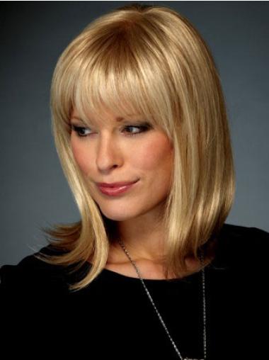 Straight With Bangs Shoulder Length Blonde Affordable Lace Front Wigs