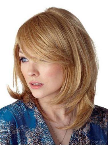 Cheapest Straight Blonde Shoulder Length With Bangs Medium Wigs