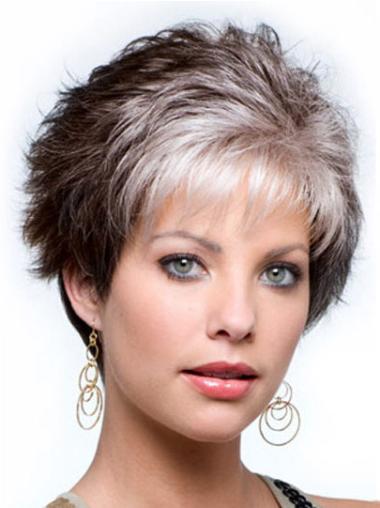 Capless Cropped Grey Wavy Synthetic Wig For Elderly lady