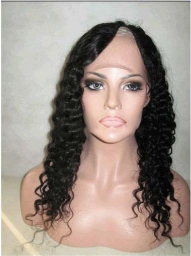16" Lace Front Curly Black Discount U Part Wigs