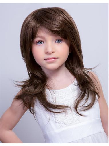 Monofilament 15" Straight Long With Bangs Brown Remy Human Hair Kids Wigs Cheap