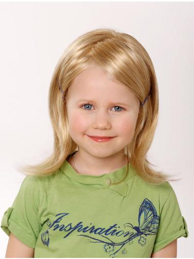100% Hand-tied 12" Straight Shoulder Length Without Bangs Blonde Remy Human Hair Wigs For Kids