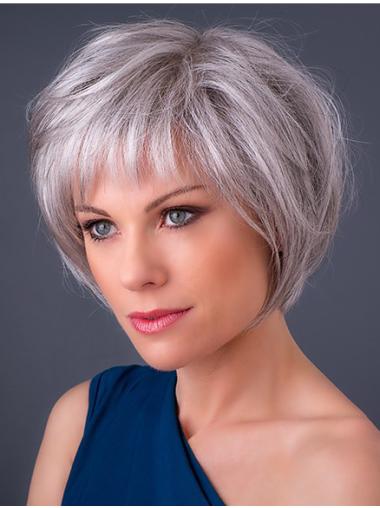 Monofilament 10" Chin Length Synthetic Straight Grey Hair Wigs