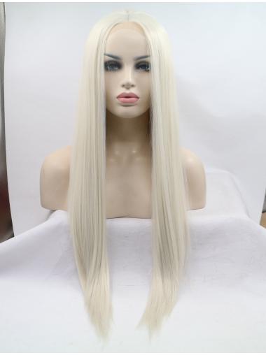 Lace Front Without Bangs Long Straight Grey 28" Synthetic Wigs