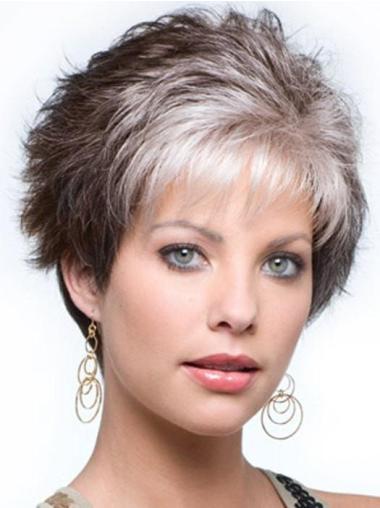 Capless Curly Cropped 4" Salt And Pepper Grey Wigs