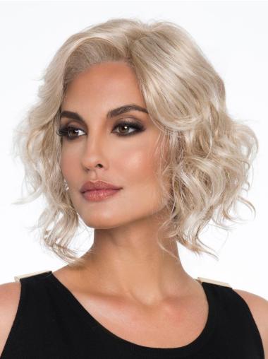 Platinum Blonde Without Bangs Curly 12" Chin Length Buy Monotop Wig Sale