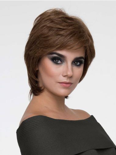 Brown With Bangs Straight 8" Chin Length Mono Hair Wigs