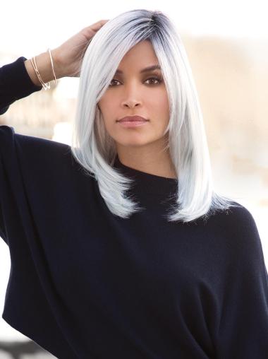 White 16" Straight With Bangs 100% Hand-tied Wigs
