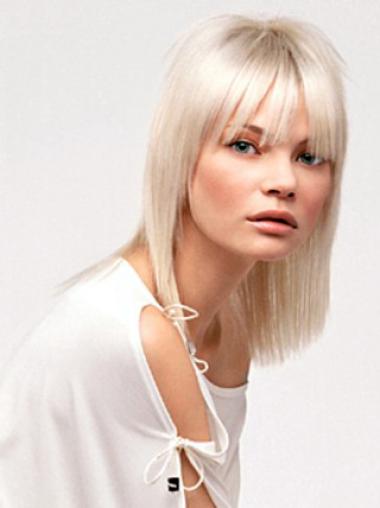 Lace Front With Bangs Shoulder Length Straight 14" Platinum Blonde No-Fuss Fashion Wigs