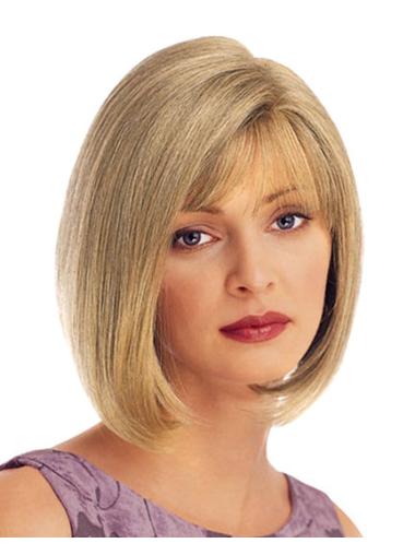 Chin Length Straight Blonde With Bangs UK Cheap Monofilament Wigs