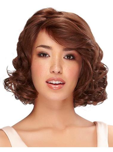 Chin Length Auburn Curly With Bangs Monofilament Wig Human