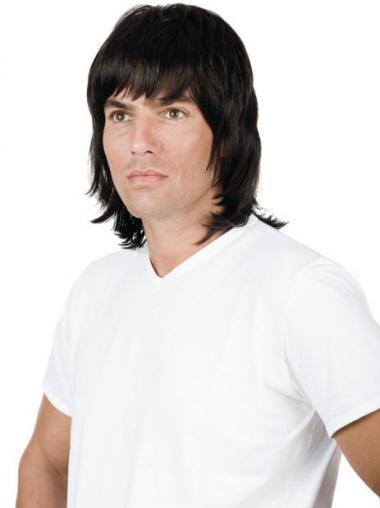 Black Full Lace 10" Straight With Bangs Mens Natural Wigs