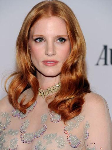 Without Bangs Long Copper Wavy 18" Cheapest Human Hair Jessica Chastain Wigs