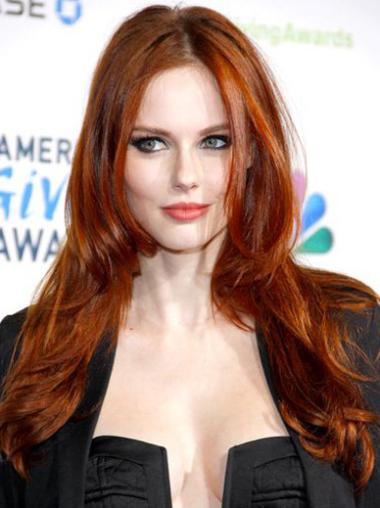 Without Bangs Long Copper Straight 22" Discount Human Hair Alyssa Campanella Wigs