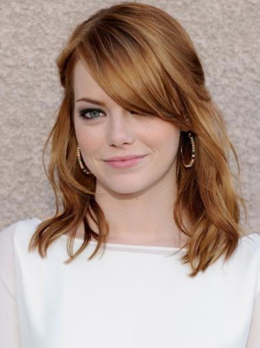100% Hand-tied Wavy With Bangs Shoulder Length 16" High Quality Human Hair Emma Stone Wigs
