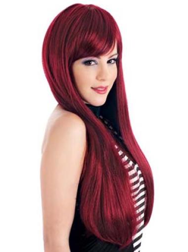 Straight With Bangs Lace Front Ideal 24" Red Long Wigs