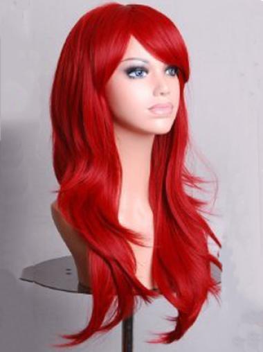 Wavy With Bangs Lace Front Convenient 22" Red Long Wigs