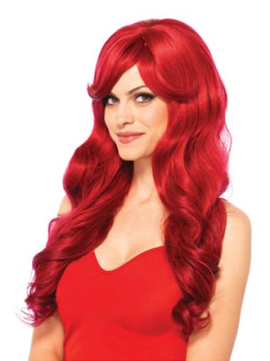 22" Wavy With Bangs Capless Red Natural Long Wigs
