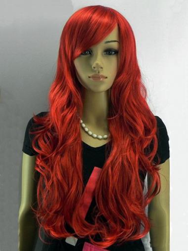 24" Wavy With Bangs Capless Red Affordable Long Wigs
