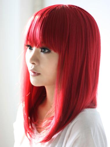 Red Human Hair Wigs With Bangs Shoulder Length Straight Style