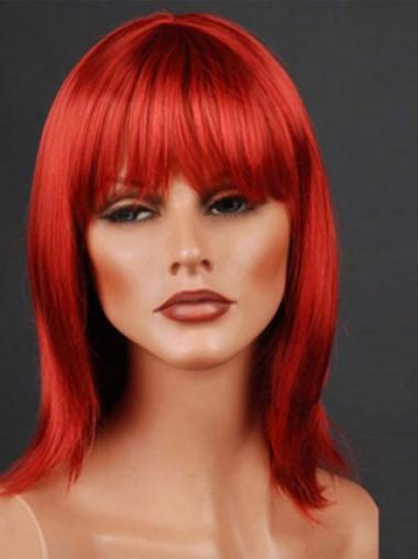 Synthetic Lacefront Wig Monofilament Straight Style Red Color With Bangs