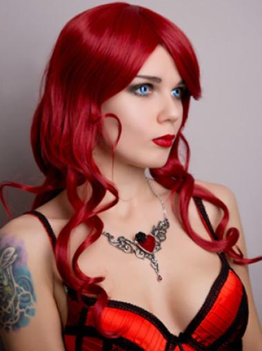 Wavy Without Bangs Lace Front Suitable 20" Red Long Wigs