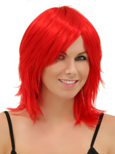 Red Shoulder Length Straight Without Bangs 14" Modern Medium Wigs