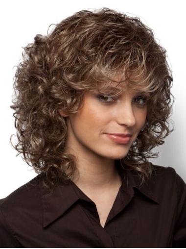 Mono Wigs Sale With Bangs Curly Style Brown Color Shoulder Length